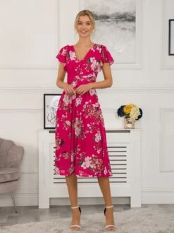 Sarina Wrap Mesh Midi Dress, Cerise 10 Sarina Wrap Mesh Midi Dress, Cerise -DORIA Clothing Shop SY 8373 Cerise 2