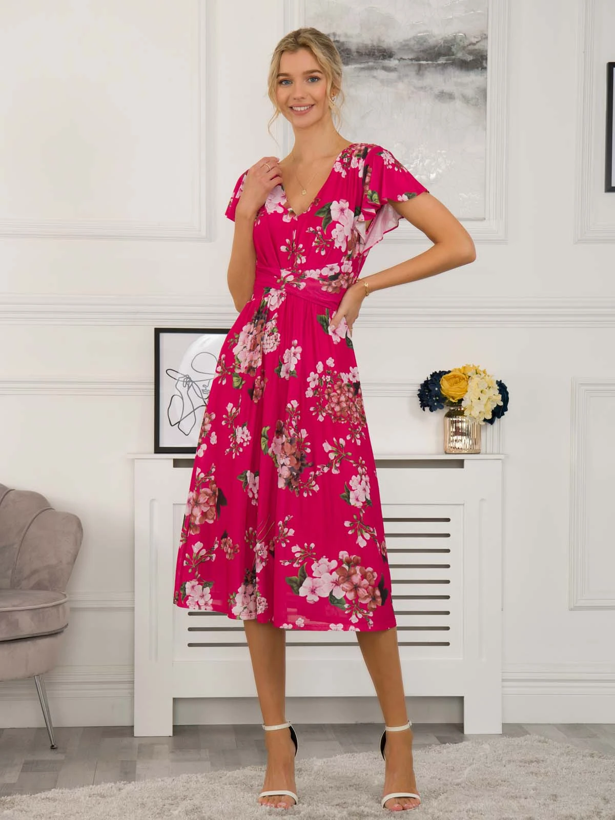 Sarina Wrap Mesh Midi Dress, Cerise 1 Sarina Wrap Mesh Midi Dress, Cerise