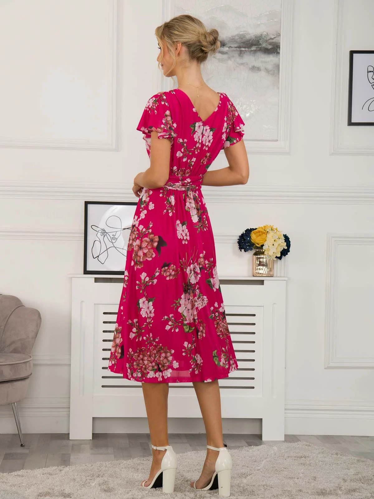 Sarina Wrap Mesh Midi Dress, Cerise 3 Sarina Wrap Mesh Midi Dress, Cerise - Image 3