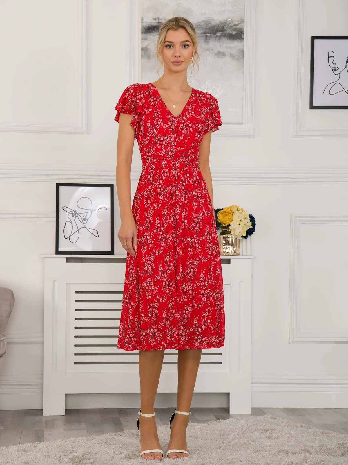 Sarina Wrap Mesh Midi Dress, Red Floral 3 Sarina Wrap Mesh Midi Dress, Red Floral - Image 3