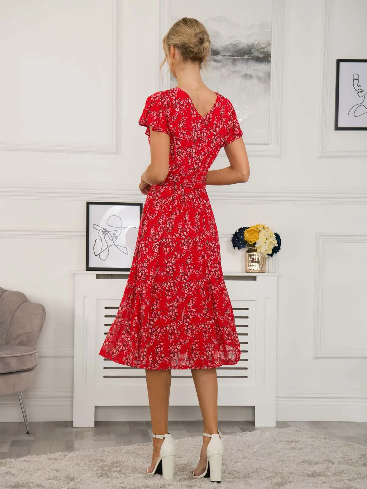 Sarina Wrap Mesh Midi Dress, Red Floral 2 Sarina Wrap Mesh Midi Dress, Red Floral - Image 2