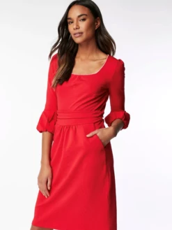 Bell Sleeve Boat Neck Pencil Dress, Red