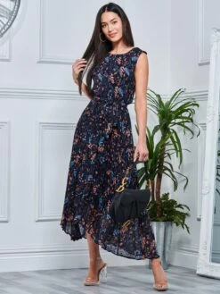 Textured Chiffon Pleated Dress, Navy Floral -DORIA Clothing Shop T106 907 NavyFloral 4