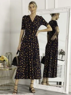 Josie Animal Print Wrap Neck Maxi Dress, Navy Animal
