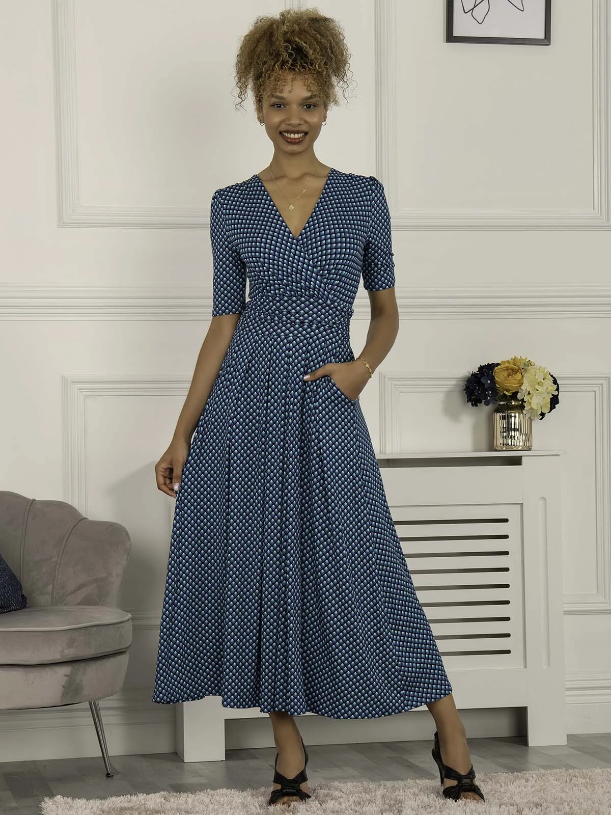 Jolie Moi Macara Spot Print Wrap Maxi Dress, Blue Geo 4 Jolie Moi Macara Spot Print Wrap Maxi Dress, Blue Geo - Image 4