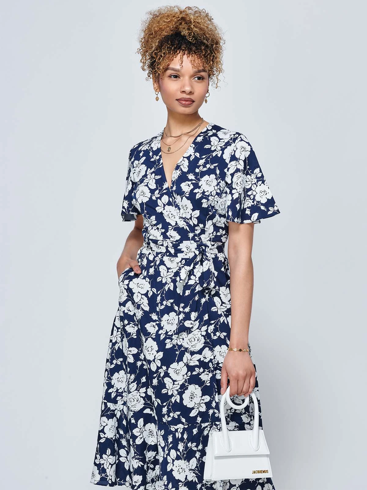 Wylla Wrap Woven Midi Dress, Navy Floral 3 Wylla Wrap Woven Midi Dress, Navy Floral - Image 3