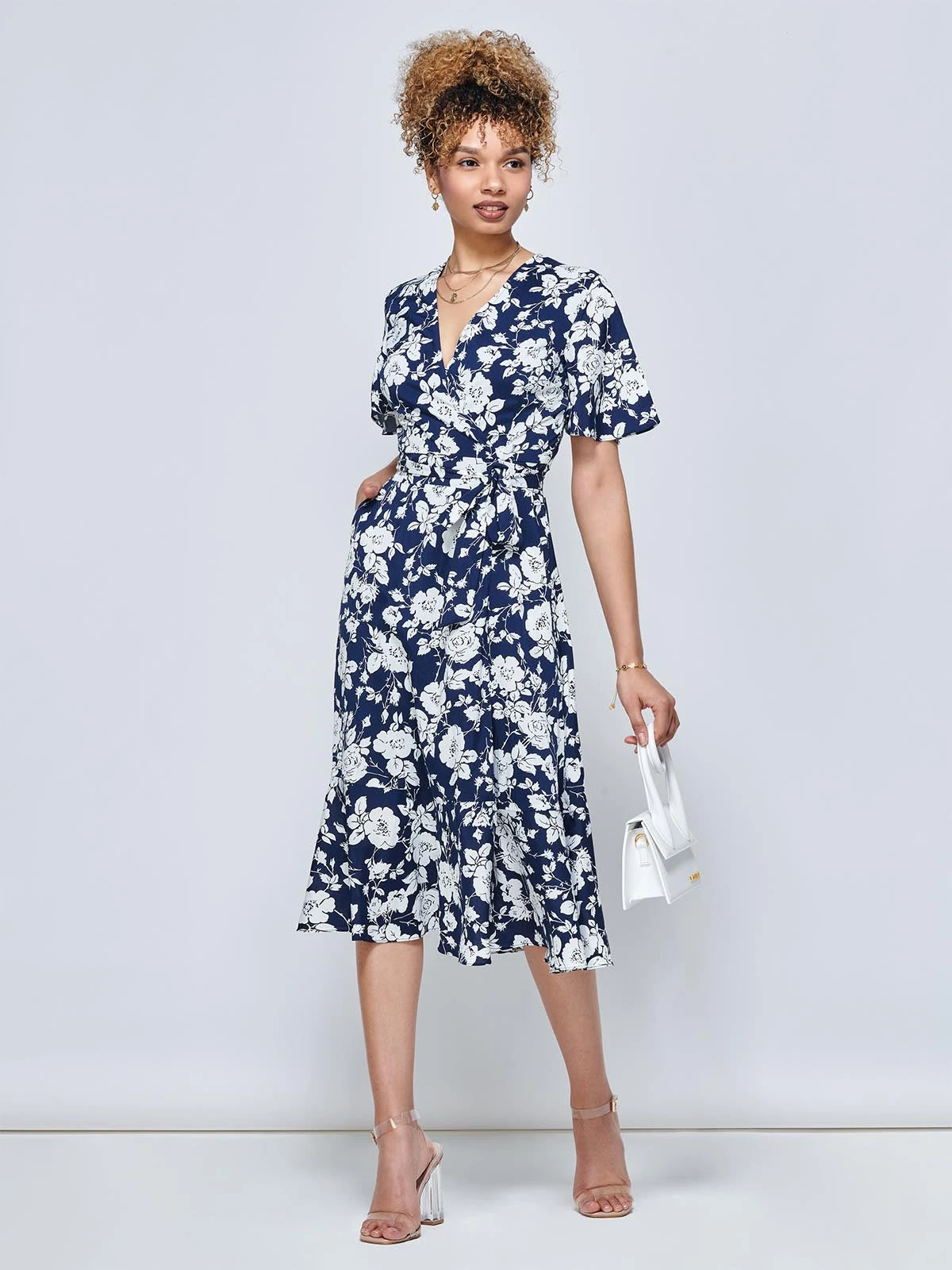 Wylla Wrap Woven Midi Dress, Navy Floral 2 Wylla Wrap Woven Midi Dress, Navy Floral - Image 2