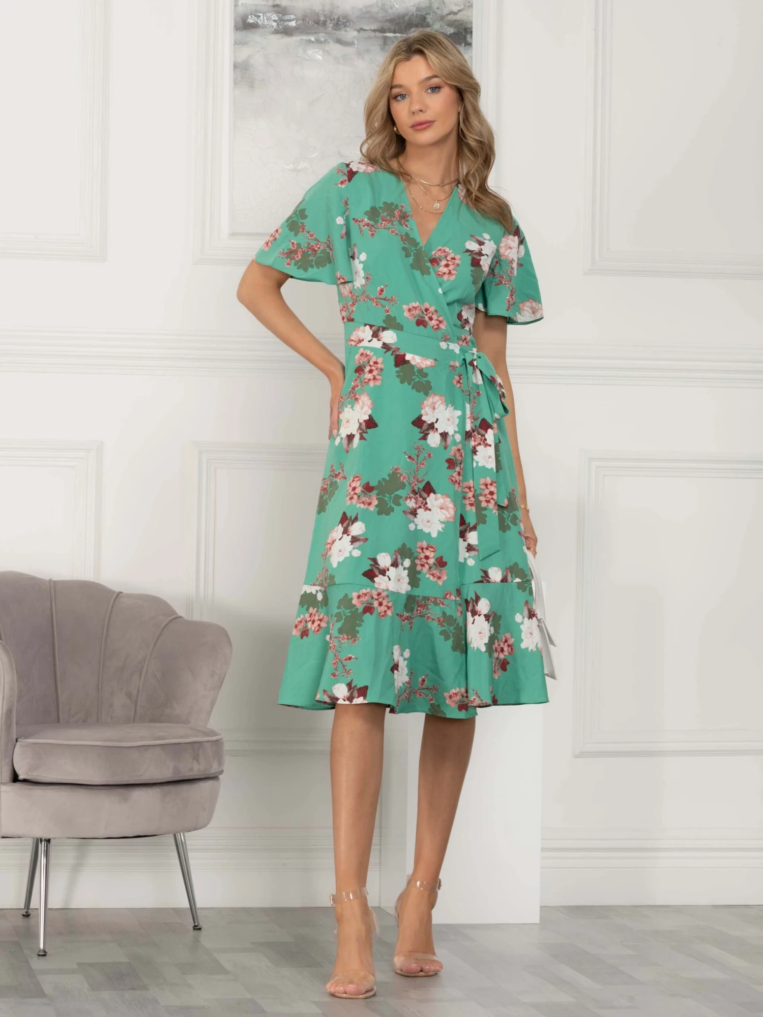 Wylla Wrap Woven Midi Dress, Green Floral 7 Wylla Wrap Woven Midi Dress, Green Floral - Image 7