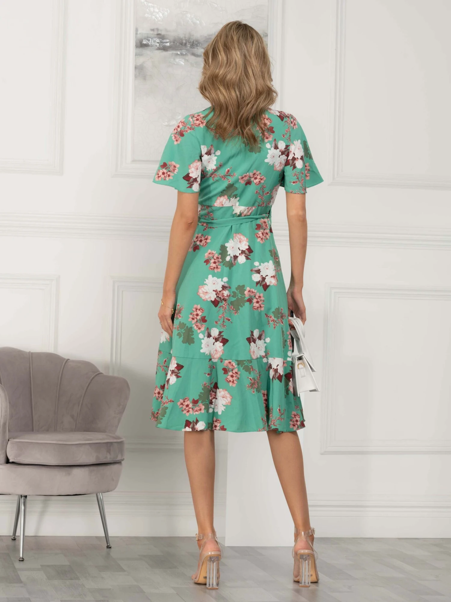 Wylla Wrap Woven Midi Dress, Green Floral 2 Wylla Wrap Woven Midi Dress, Green Floral - Image 2