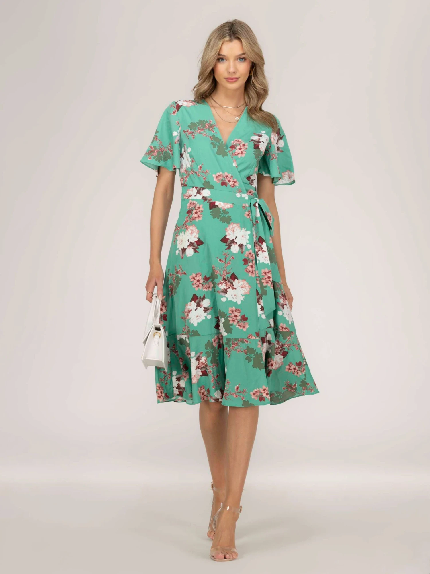 Wylla Wrap Woven Midi Dress, Green Floral 4 Wylla Wrap Woven Midi Dress, Green Floral - Image 4