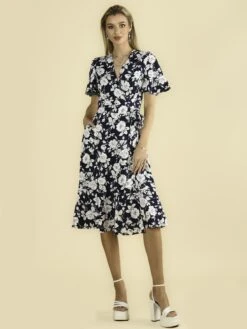 Wylla Wrap Woven Midi Dress, Navy Floral 15 Wylla Wrap Woven Midi Dress, Navy Floral -DORIA Clothing Shop W 397 19 NavyFloral 1