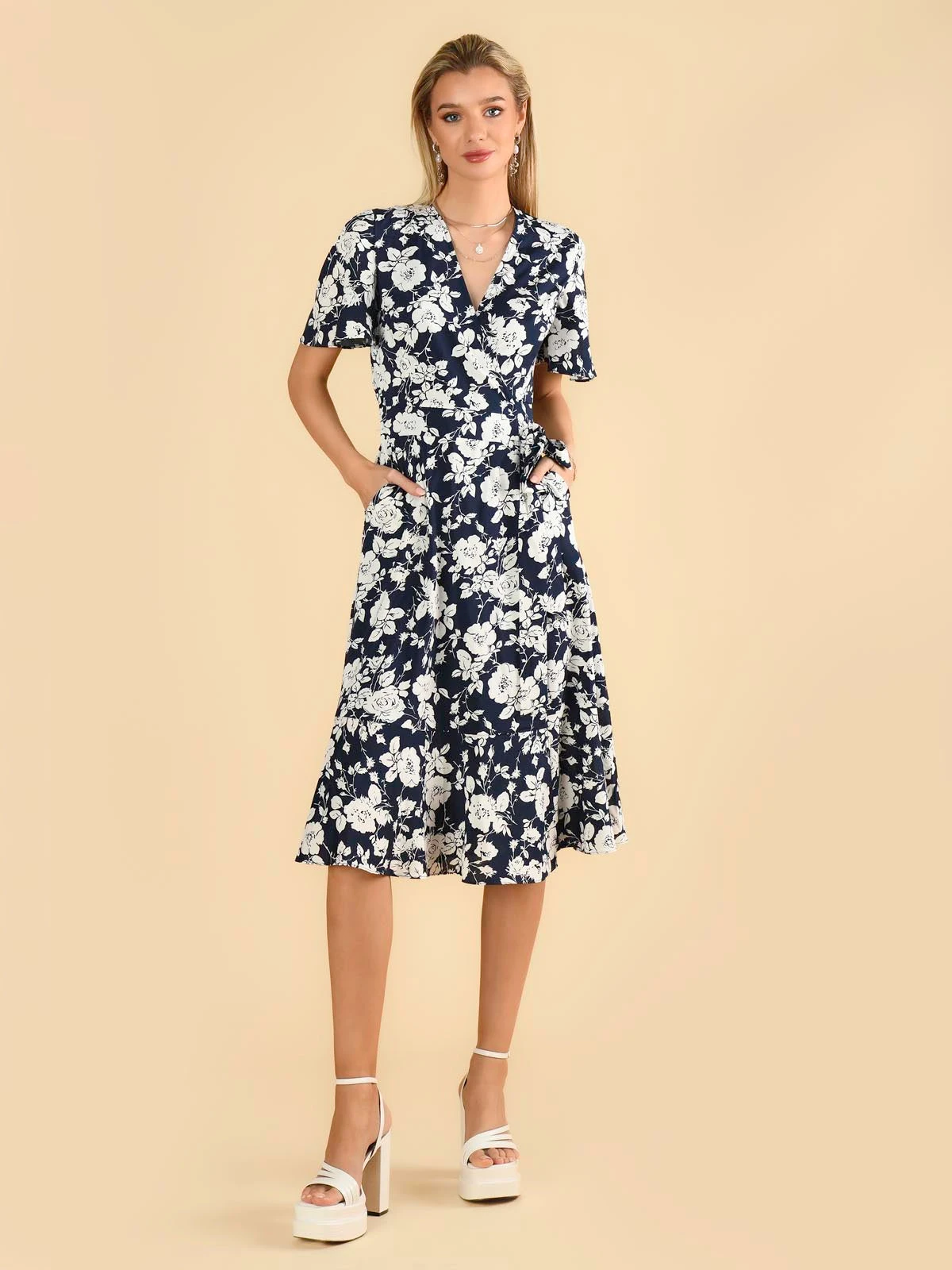 Wylla Wrap Woven Midi Dress, Navy Floral 8 Wylla Wrap Woven Midi Dress, Navy Floral - Image 8