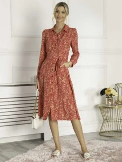 Jolie Moi Qiya Shirt Midi Dress, Red Animal -DORIA Clothing Shop W091 112 RedAnimal 3