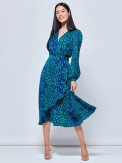 Crepe Wrap Long Sleeve Midi Dress, Green Animal -DORIA Clothing Shop W577 576 Greenanimal 1