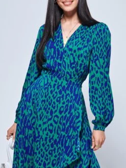 Crepe Wrap Long Sleeve Midi Dress, Green Animal -DORIA Clothing Shop W577 576 Greenanimal 3