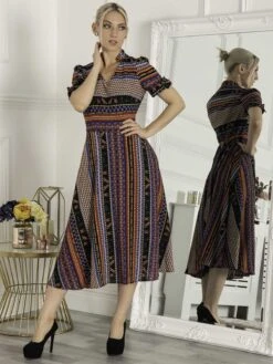 Print Bow Detail Tea Dress, Navy Multi