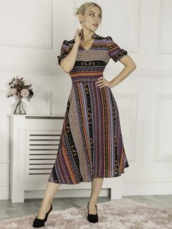 Print Bow Detail Tea Dress, Navy Multi -DORIA Clothing Shop WH 6521 NavyMulti 3 0b32129e 25bf 4174 82e0 b1fcfe2c111d