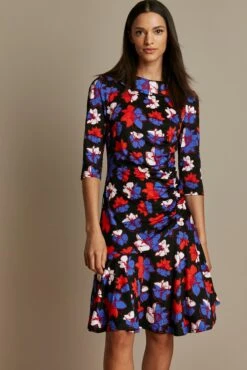 Roll Collar Ruched Jersey Shift Dress, Black Floral