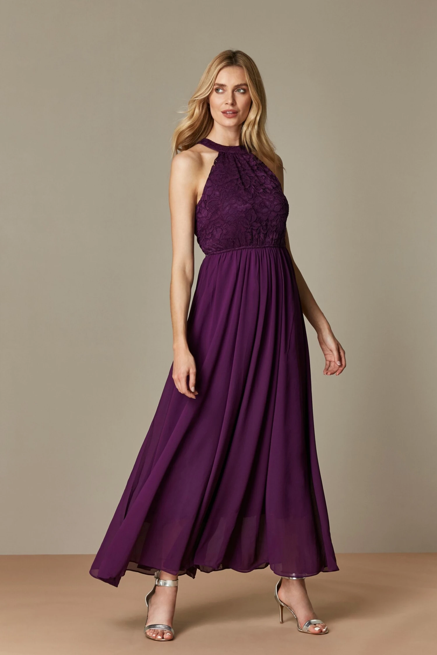 Halter Neck Lace Maxi Bridesmaid Dress, Dark Purple 2 Halter Neck Lace Maxi Bridesmaid Dress, Dark Purple - Image 2