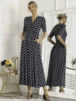 Jolie Moi Kiera Wrap Front Maxi Dress, Navy Geo 7 Jolie Moi Kiera Wrap Front Maxi Dress, Navy Geo -DORIA Clothing Shop Y621 137 NavyGeo 1