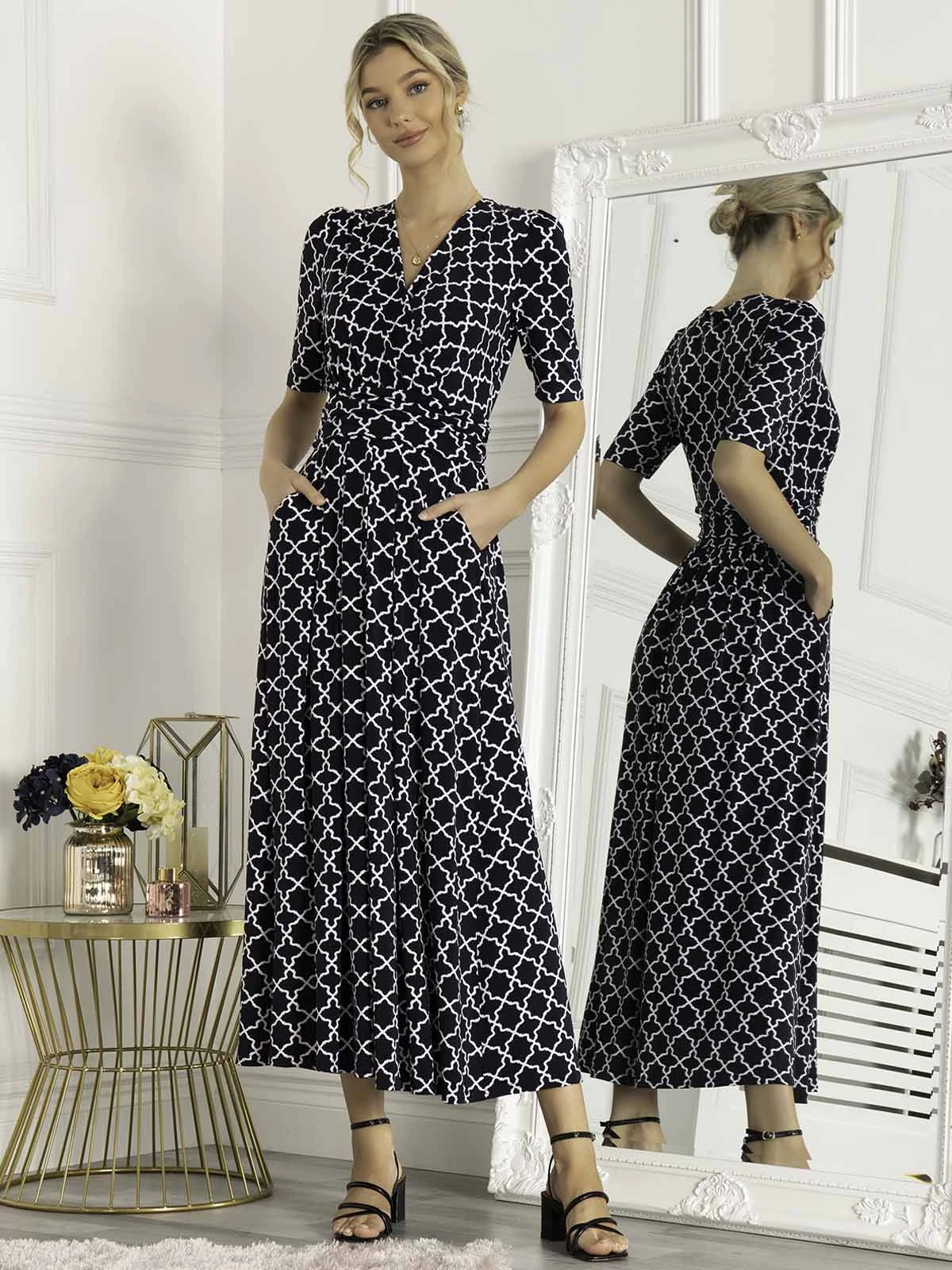 Jolie Moi Kiera Wrap Front Maxi Dress, Navy Geo 3 Jolie Moi Kiera Wrap Front Maxi Dress, Navy Geo - Image 3