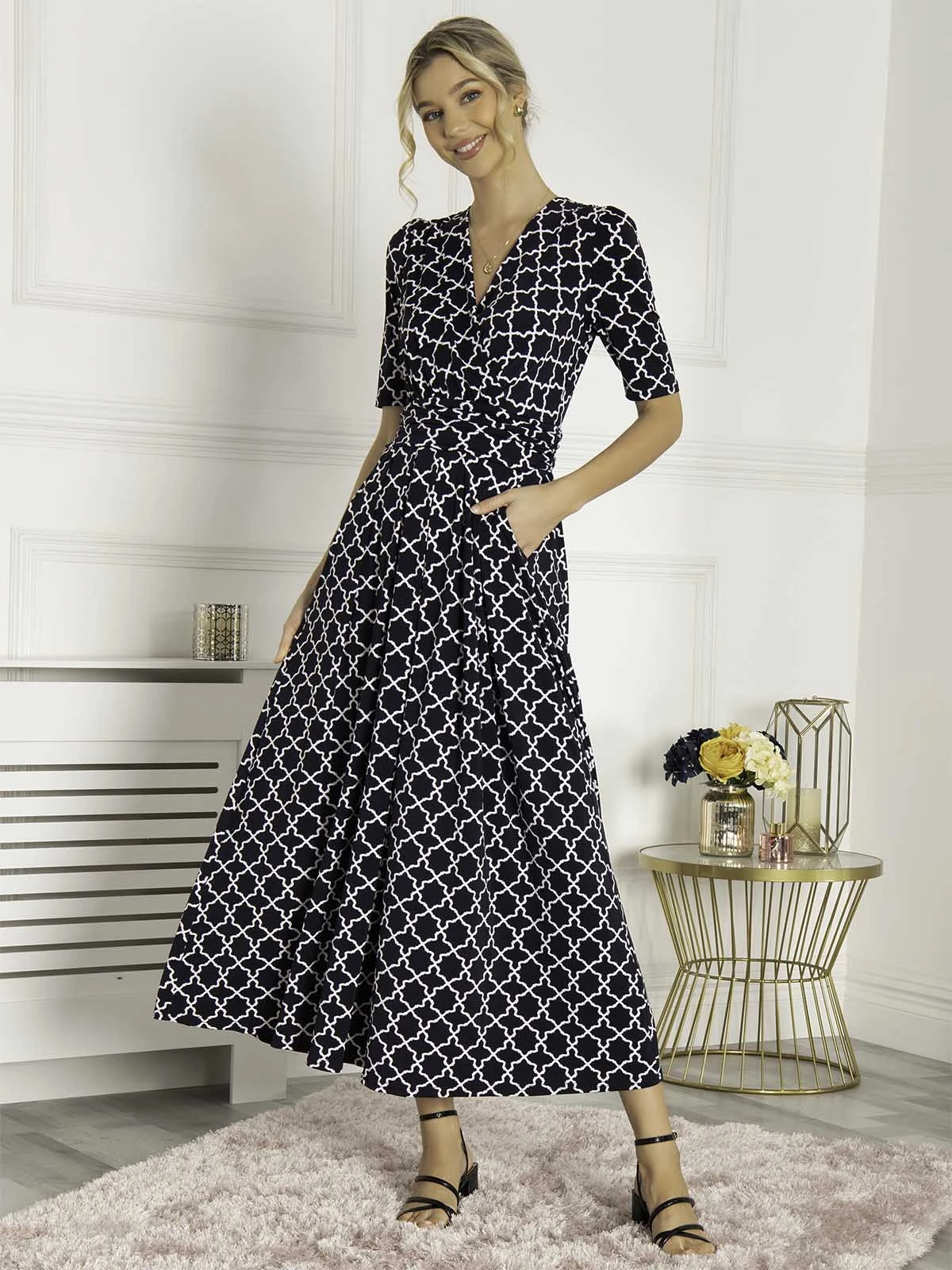 Jolie Moi Kiera Wrap Front Maxi Dress, Navy Geo 1 Jolie Moi Kiera Wrap Front Maxi Dress, Navy Geo