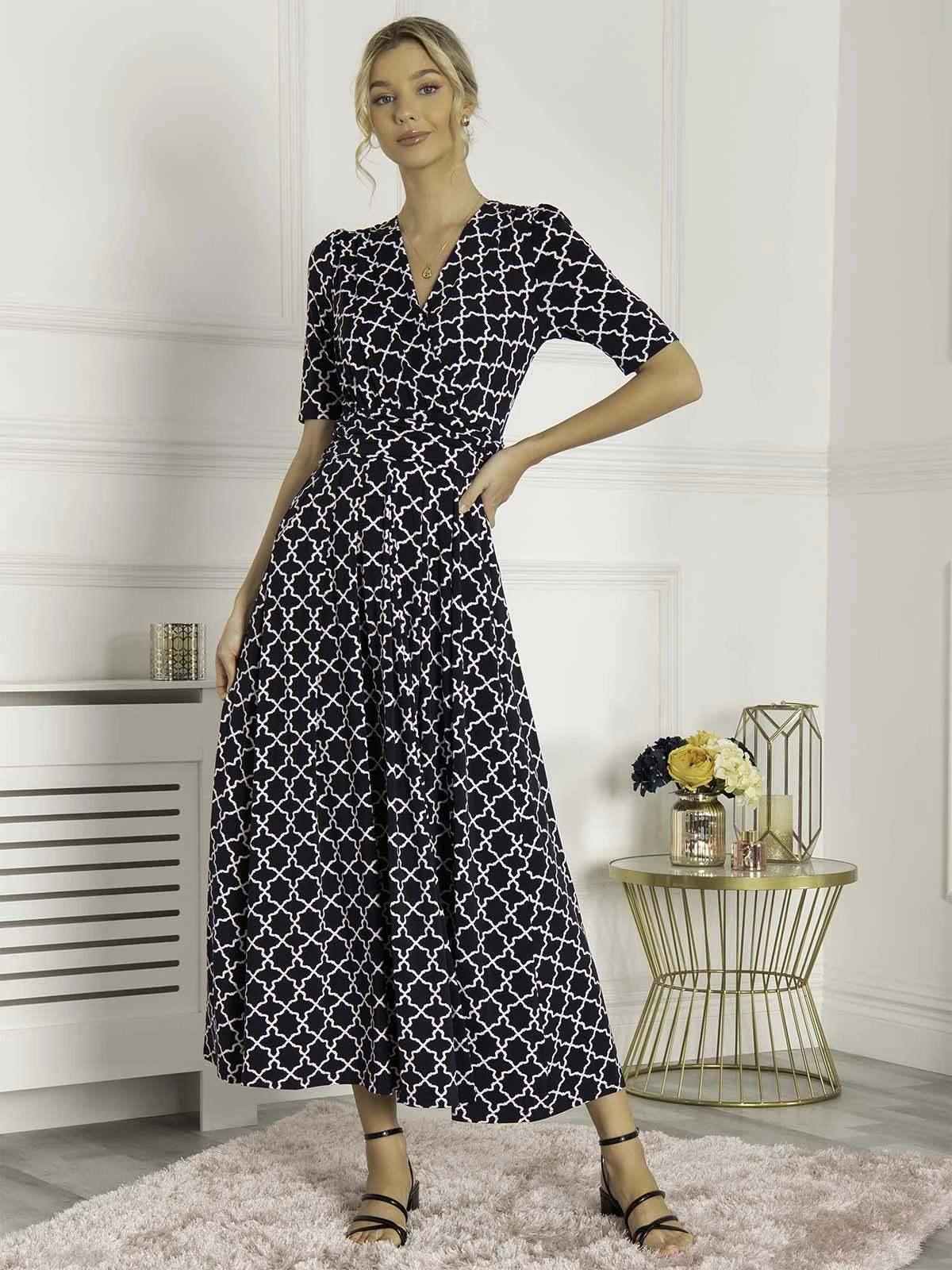 Jolie Moi Kiera Wrap Front Maxi Dress, Navy Geo 4 Jolie Moi Kiera Wrap Front Maxi Dress, Navy Geo - Image 4