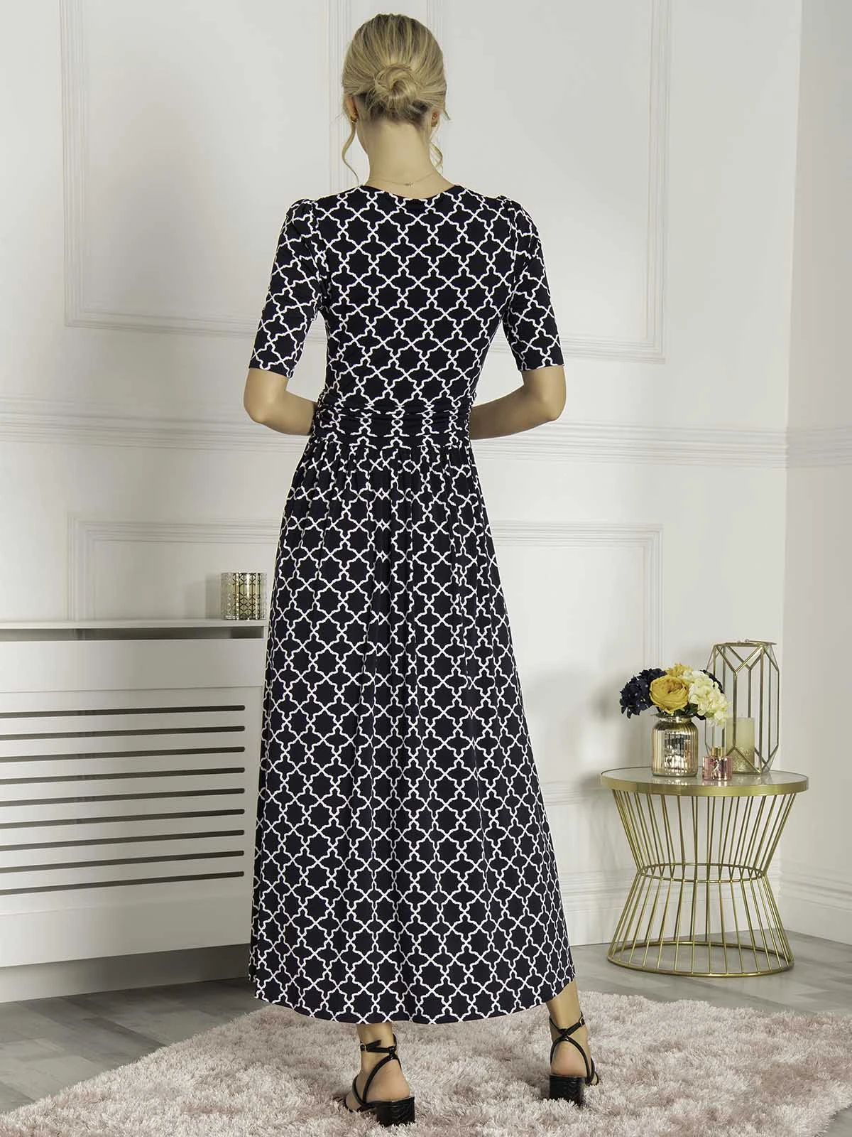 Jolie Moi Kiera Wrap Front Maxi Dress, Navy Geo 2 Jolie Moi Kiera Wrap Front Maxi Dress, Navy Geo - Image 2