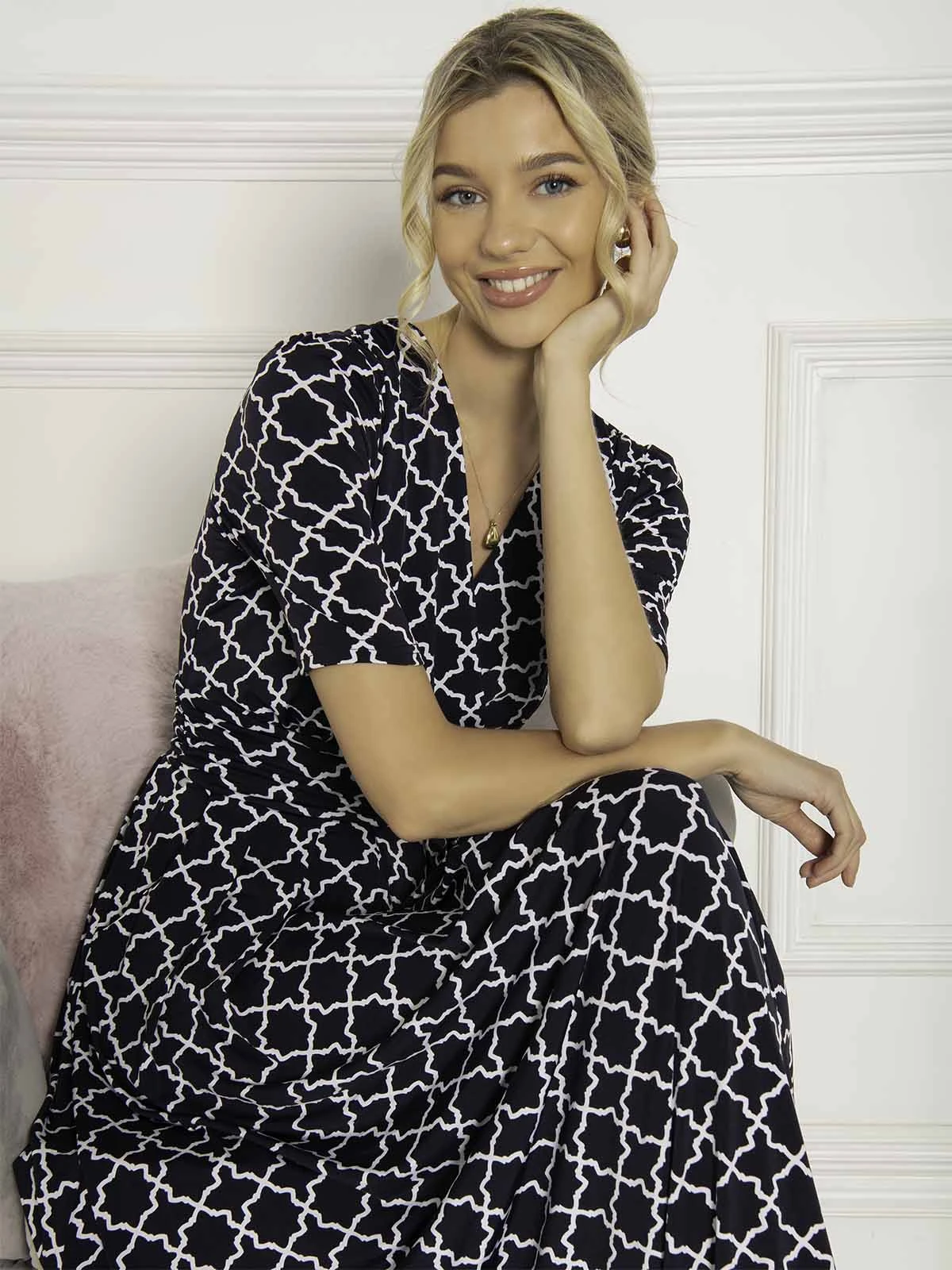 Jolie Moi Kiera Wrap Front Maxi Dress, Navy Geo 5 Jolie Moi Kiera Wrap Front Maxi Dress, Navy Geo - Image 5