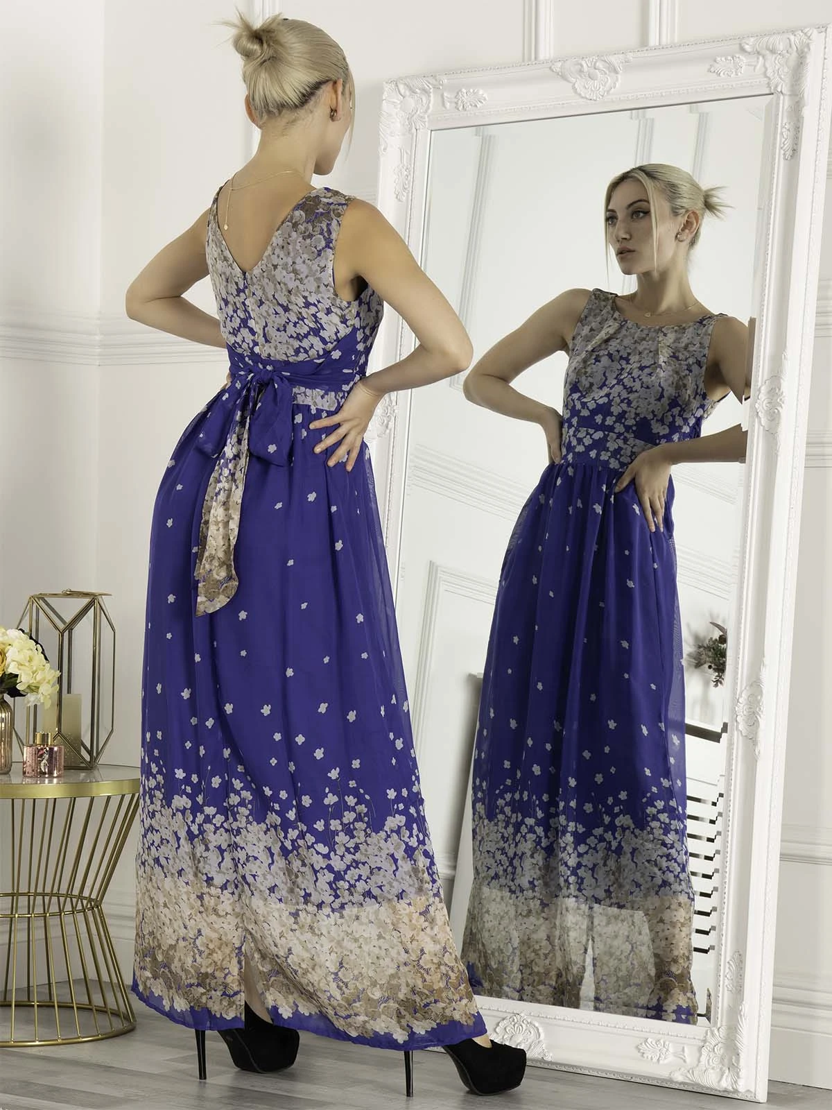 Feather Belted Maxi Dress, Blue Floral 2 Feather Belted Maxi Dress, Blue Floral - Image 2