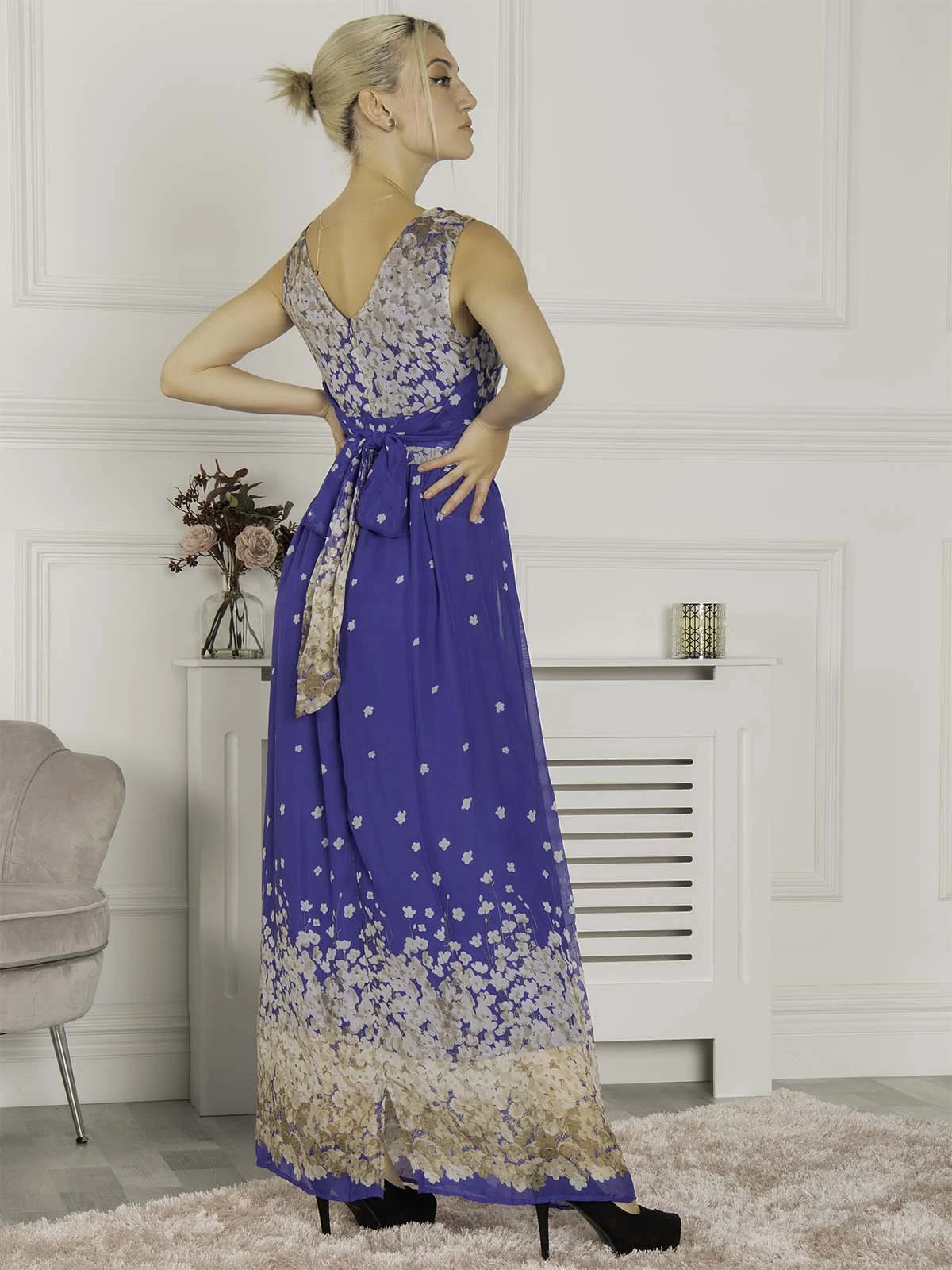 Feather Belted Maxi Dress, Blue Floral 4 Feather Belted Maxi Dress, Blue Floral - Image 4