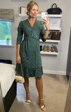 Retro Geometric Flare Hem Dress, Green Geo -DORIA Clothing Shop Y81613GreenGeo 1 61e16b40 3394 48a3 b3ad 51de8047e1df