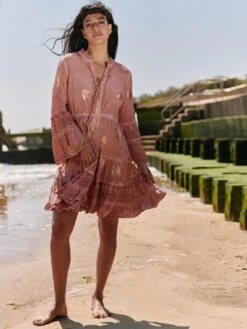 3/4 Sleeve Crochet Trim Holiday Midi Dress, Mauve Pink -DORIA Clothing Shop ZH 0A031 MauvePink 1