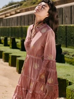 3/4 Sleeve Crochet Trim Holiday Midi Dress, Mauve Pink -DORIA Clothing Shop ZH 0A031 MauvePink 3