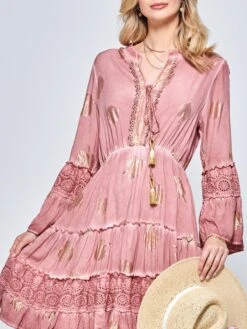 3/4 Sleeve Crochet Trim Holiday Midi Dress, Mauve Pink -DORIA Clothing Shop ZH 0A031 MauvePink 3 69fbc811 5215 4d4d 9cc5 56f56664e306