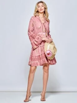 3/4 Sleeve Crochet Trim Holiday Midi Dress, Mauve Pink -DORIA Clothing Shop ZH 0A031 MauvePink 5