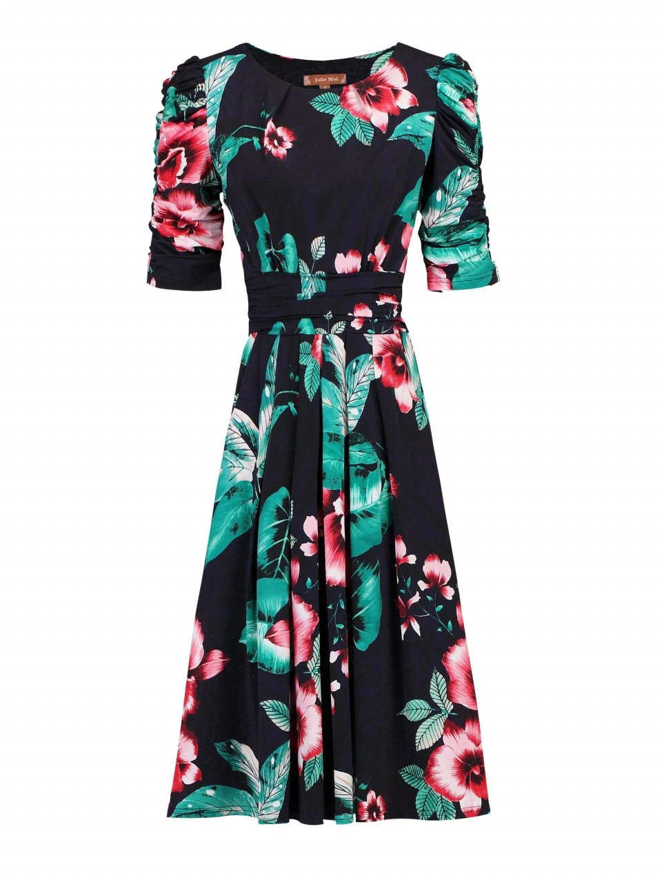Print Half Sleeve Midi Viscose Dress, Navy Floral 6 Print Half Sleeve Midi Viscose Dress, Navy Floral - Image 6