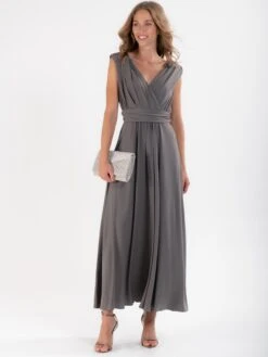 Plunge Neck Draped Jersey Maxi Dress, Dark Grey